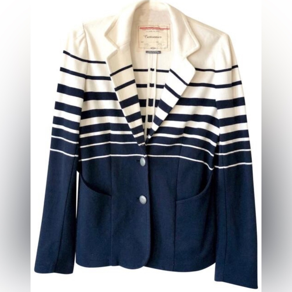 Anthropologie Cartonnier Captain striped Navy Cream Blazer XS EUC Business